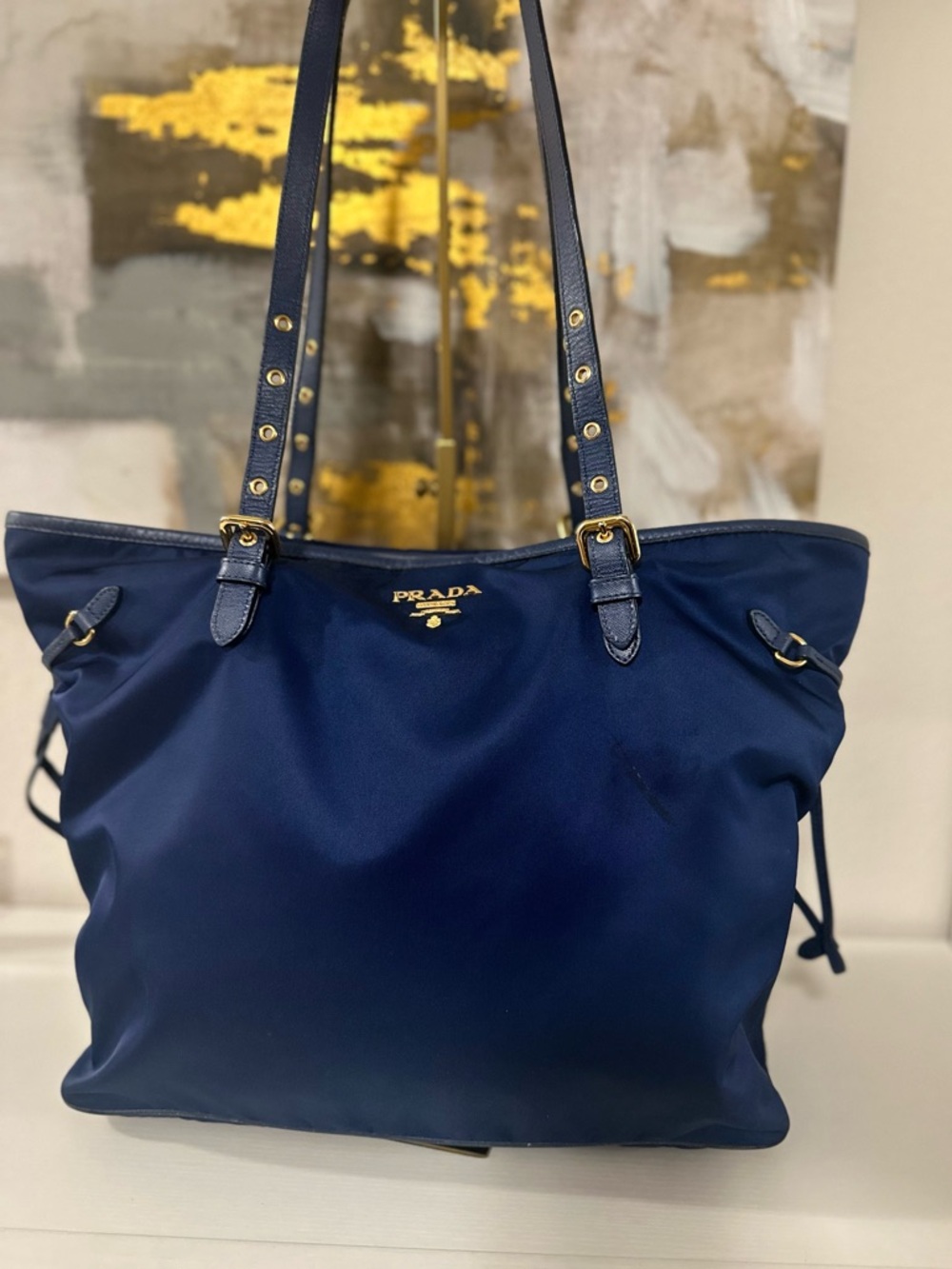 PRADA Saffiano Trimmed Tessuto Bag with Gold Hardware